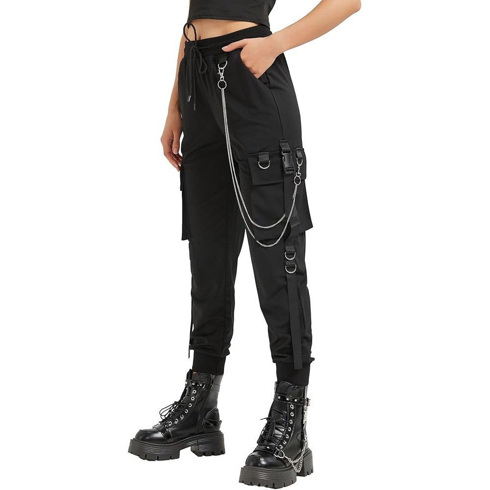 Women's Black Cargo Pants for Techwear Women Loose Street Rock Style Casual Black Pants with Chain Gothic Pants