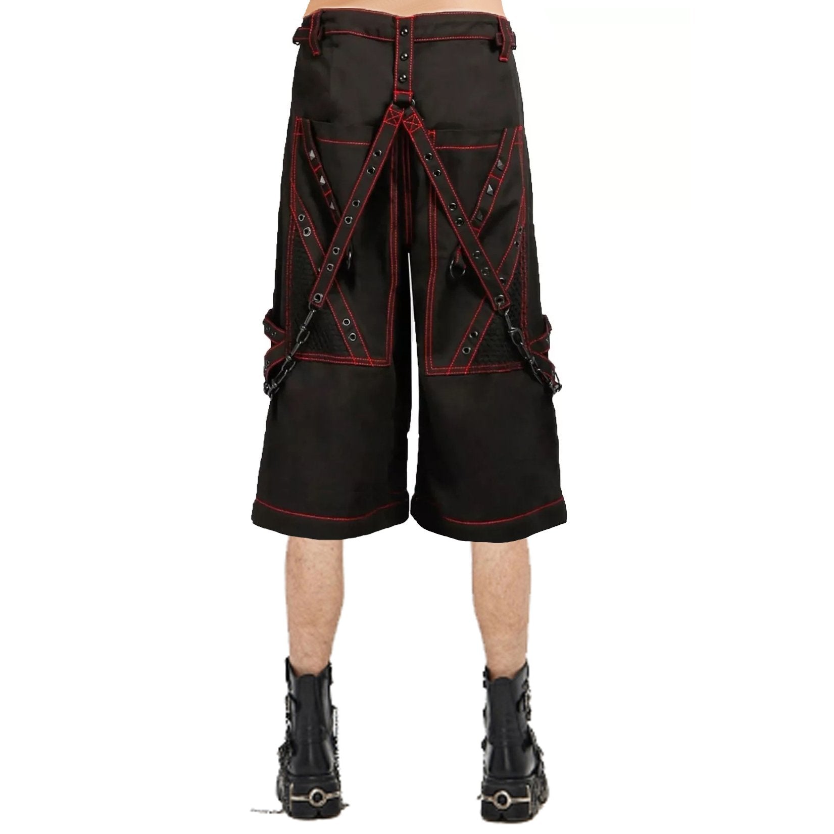 Mens Black Gothic Super Studded Shorts Red Stitching