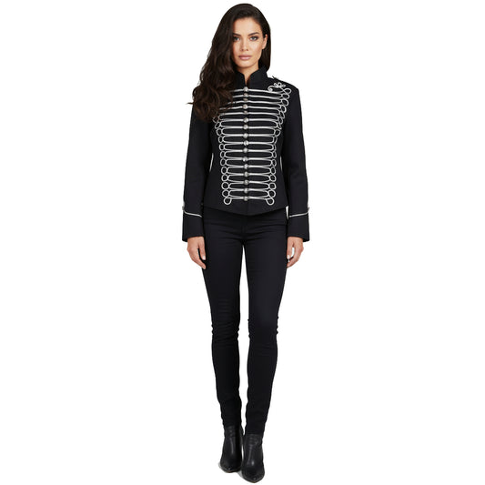 Women's Emo Punk Goth Napoleon Military Drummer Parade Jacket Black Silver