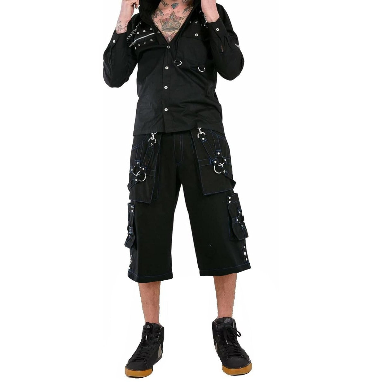 Prime Quality Gothic Mens Handmade Bondage 4 Pocket Shorts Punk Rock Black Blue Stitch