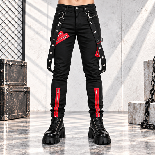 Men's Denim Red Zipper Stinger Jeans with Grommet Suspenders