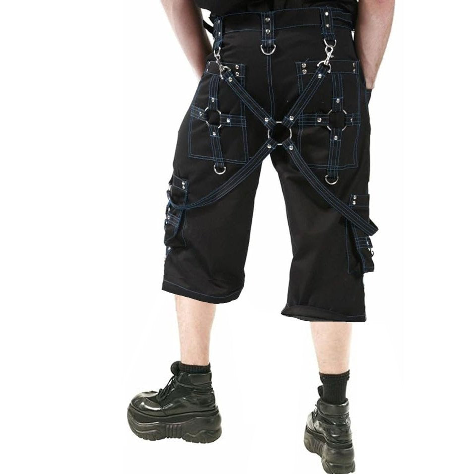 Prime Quality Gothic Mens Handmade Bondage 4 Pocket Shorts Punk Rock Black Blue Stitch