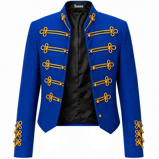 Men's Vintage Royal Blue Military Jacket Gold Braided Hussar Parade Jacket Victorian Gothic Steampunk Band Uniform Coat