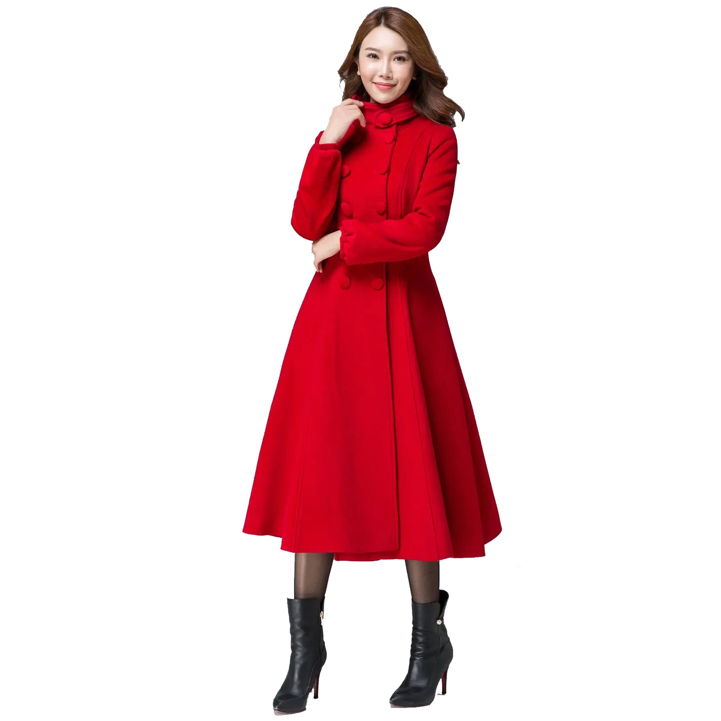 Women's Winter Warm Red Wool Long Fit And Flare Coat
