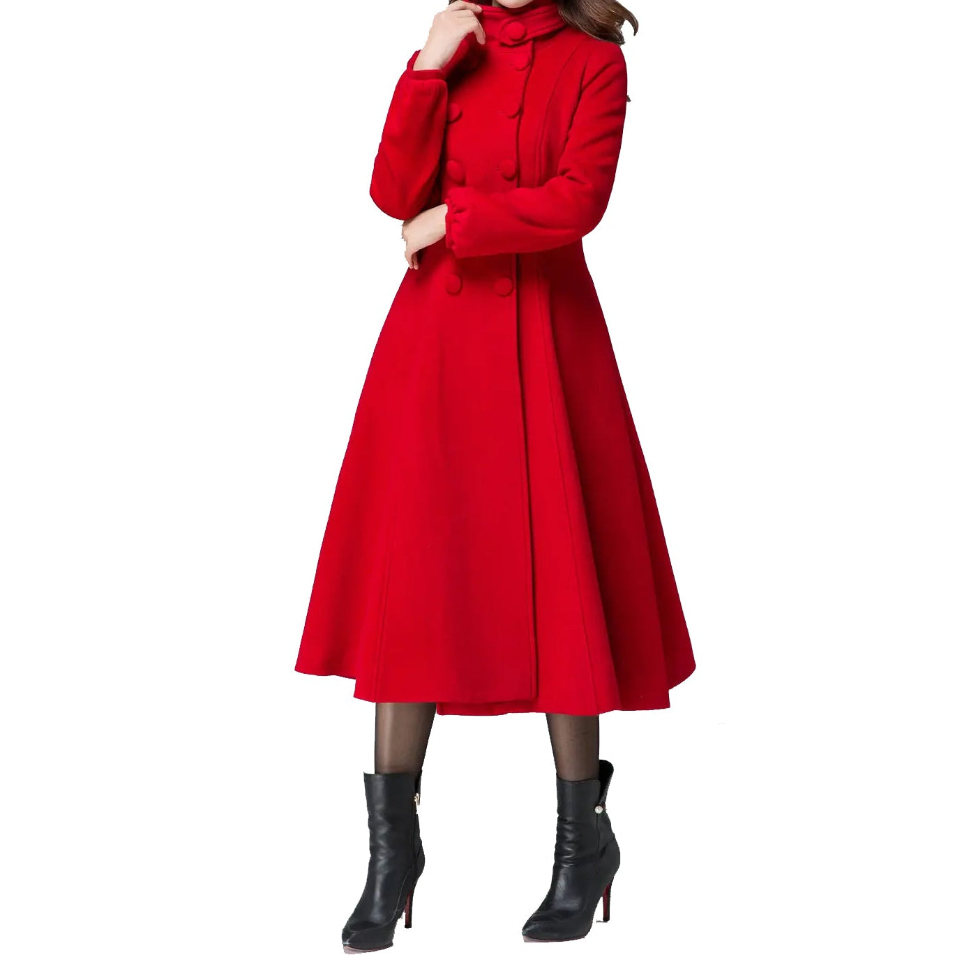 Women's Winter Warm Red Wool Long Fit And Flare Coat