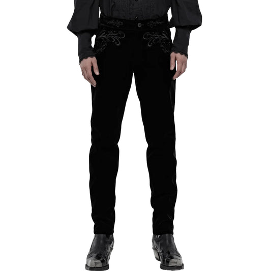 Men's Black Velvet Embroidery Gothic Regency Dress Pants /Velvet Pant