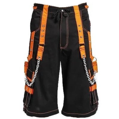 Men Extreme Bondage Skater Black/Orange Gothic Punk Rocker Cyber Goth Steam punk Biker Short