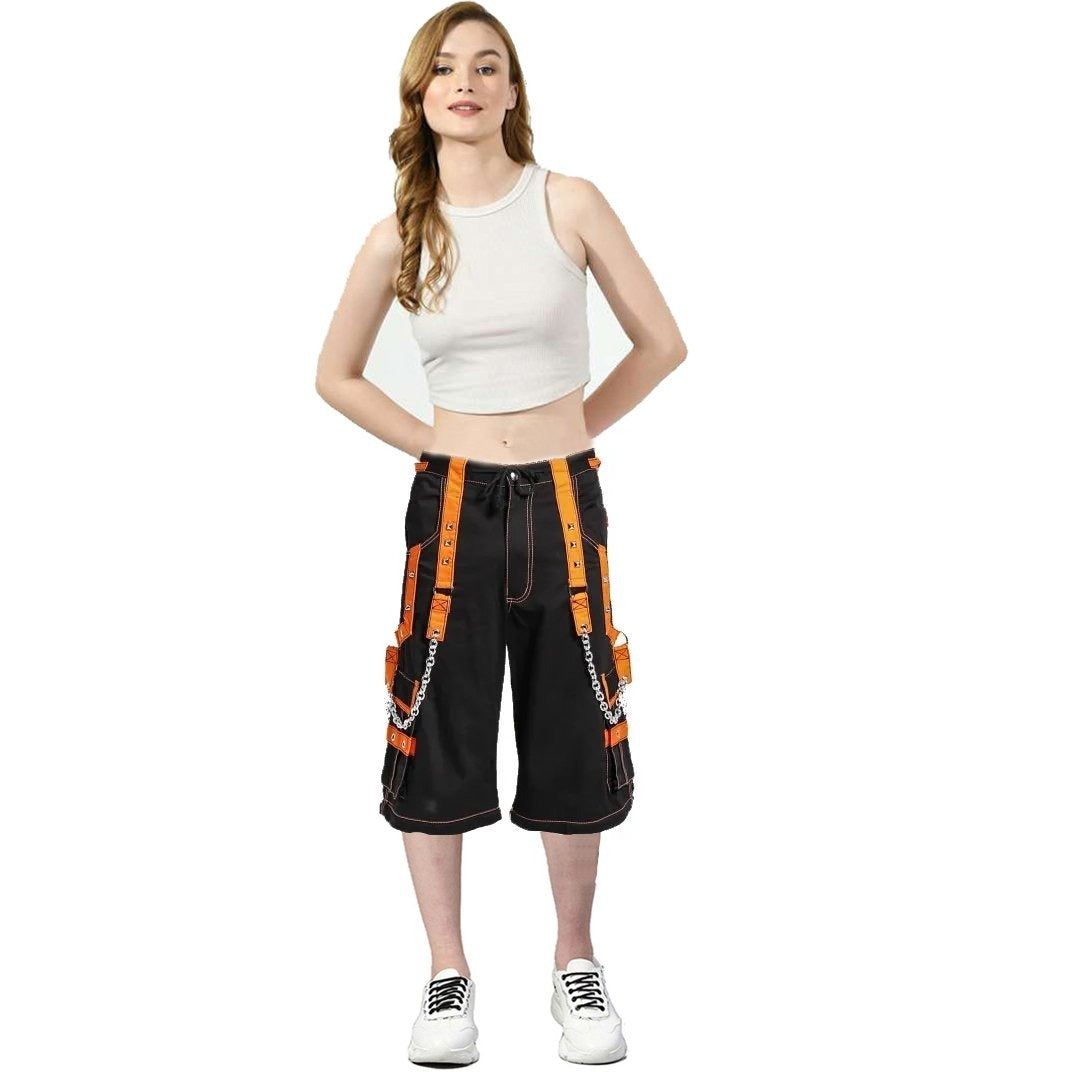 Men Extreme Bondage Skater Black/Orange Gothic Punk Rocker Cyber Goth Steam punk Biker Short
