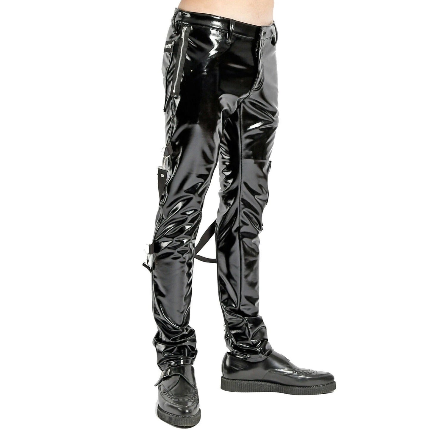 SKINNY JEANS BLACK GOTHIC SUPREME CHAOS VINYL PUNK REBEL PANTS WITH STRAP