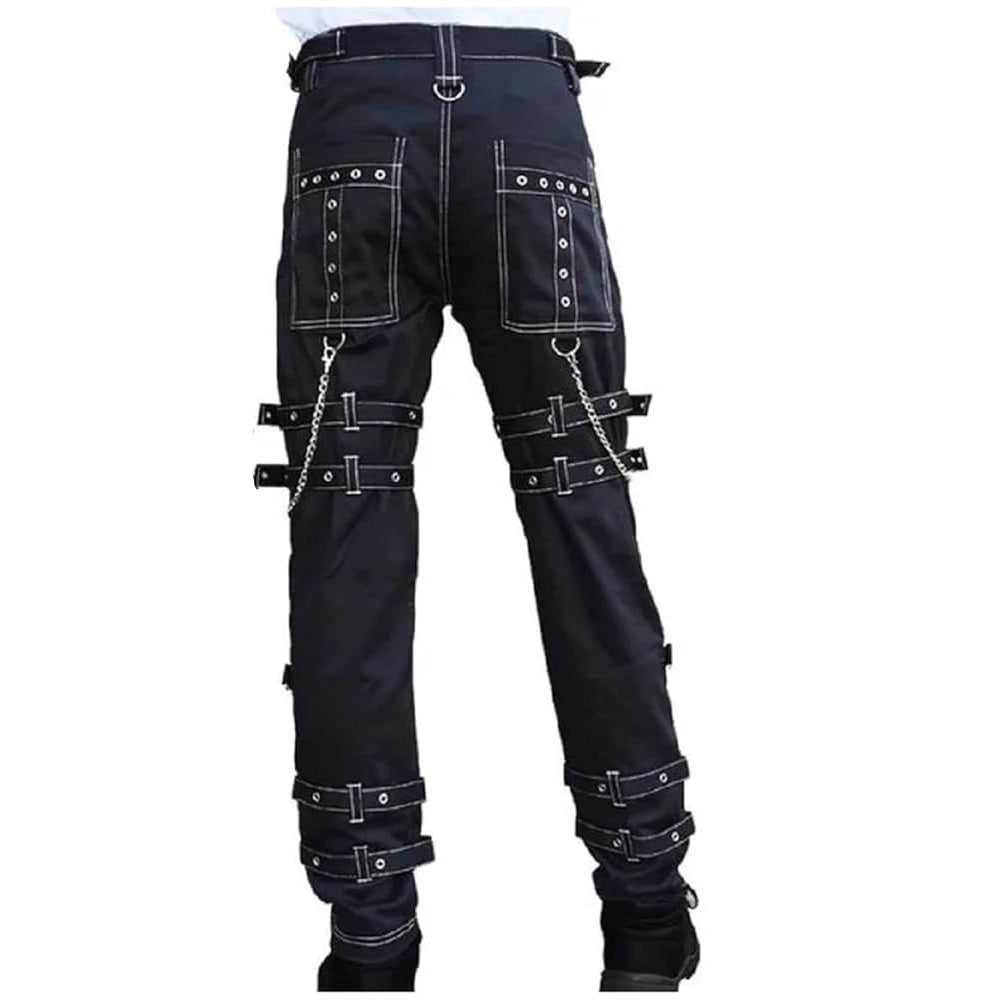 Prime Quality Handmade Gothic Pant White Threads Buckles Zips Chains Straps Cyber Punk Trousers Pants/USA