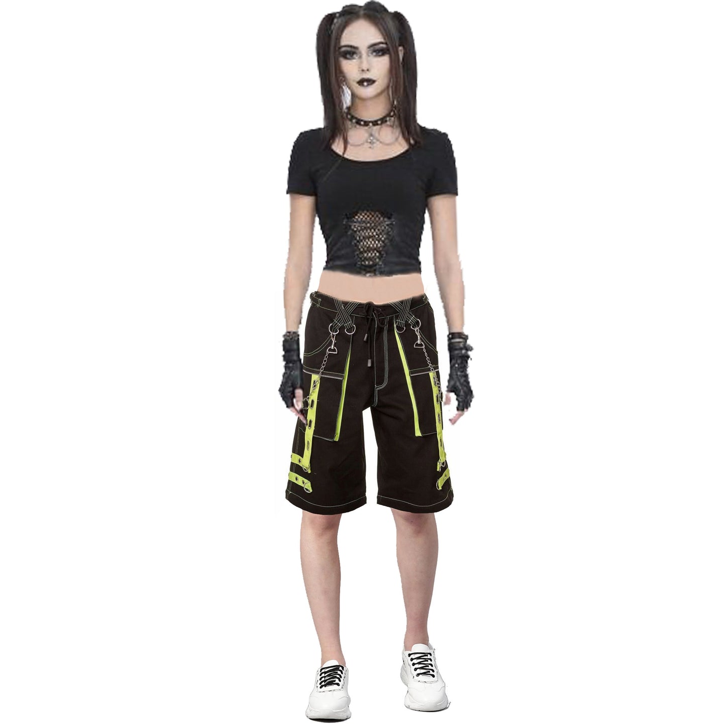 Gothic Men's Handmade Bondage 4 Pocket Shorts Punk Rock Black Yellow Gothic Yellow Stitch