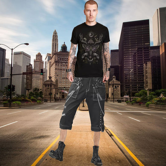 Mens Gothic Black Short Eyelets Cargo Bondage Trouser Punk Rock Short