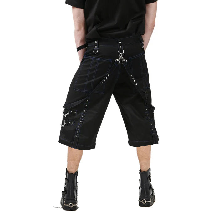 Men Handmade Gothic Bondage Trouser Blue Thread Cyber Punk Shorts Metal Studs Shorts Gothic