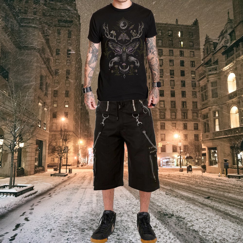 Gothic Mens Black Chrome Trousers Punk Rock Studs Metal Chain Shorts