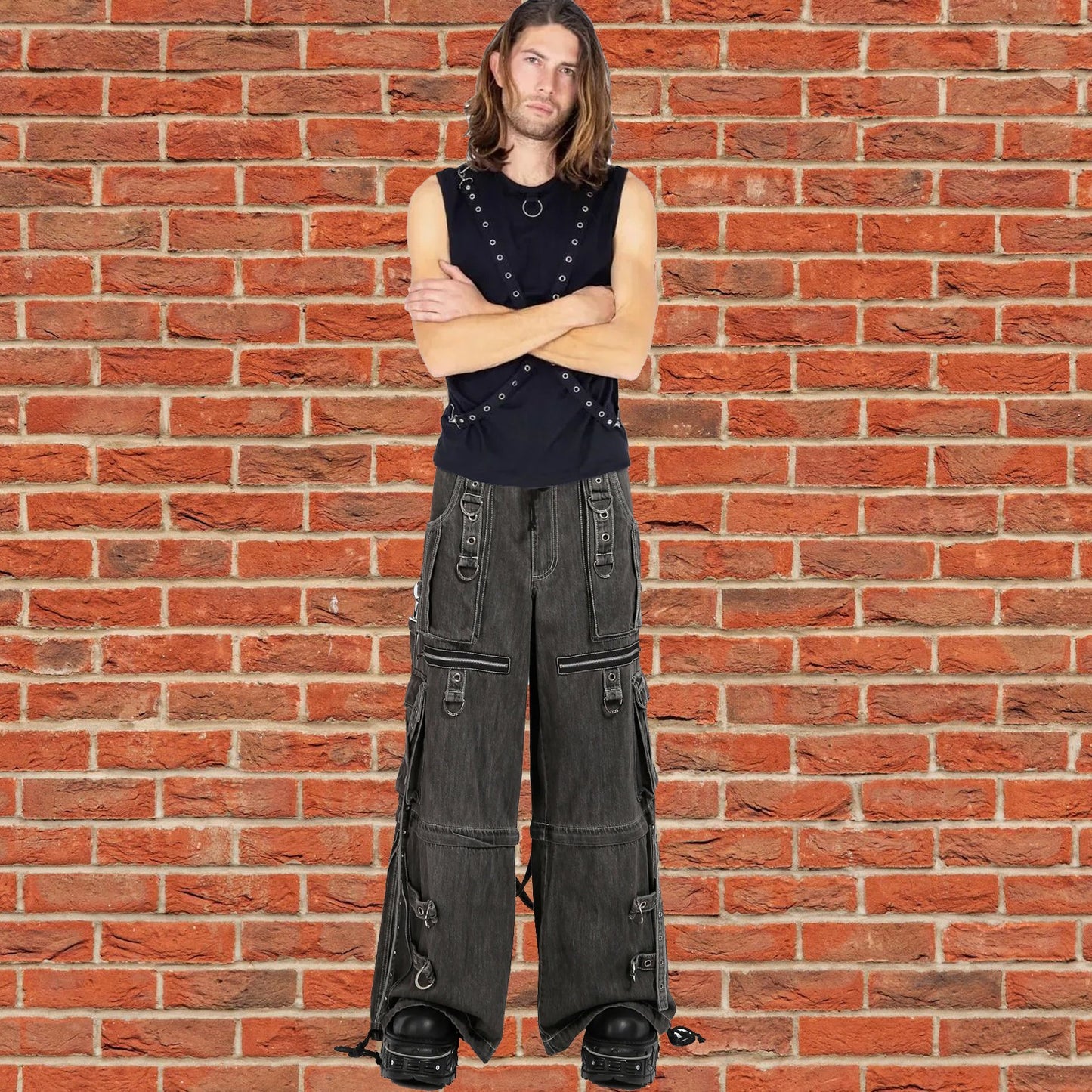 GOTHIC X-STRAP PANT BLACK DENIM