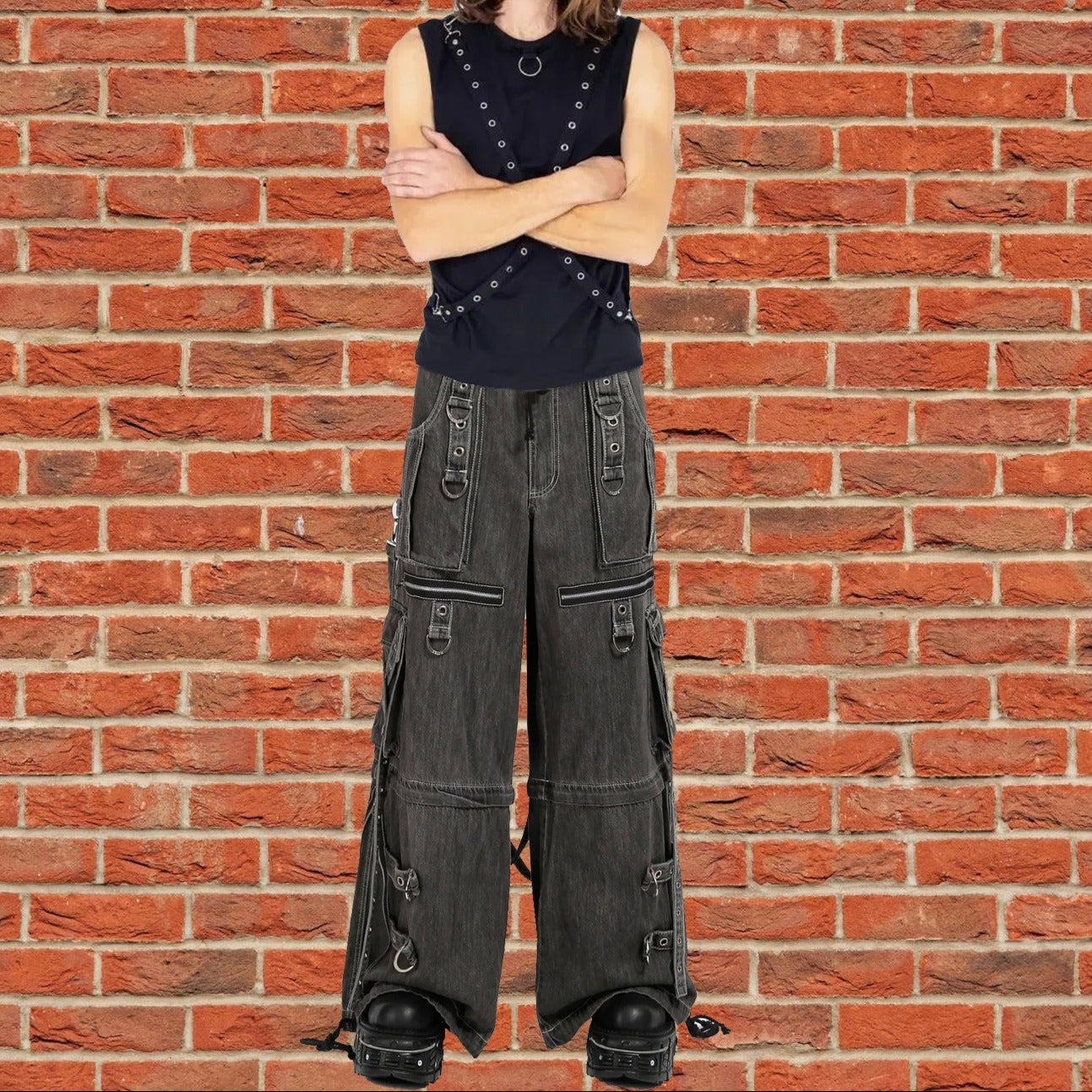 GOTHIC X-STRAP PANT BLACK DENIM