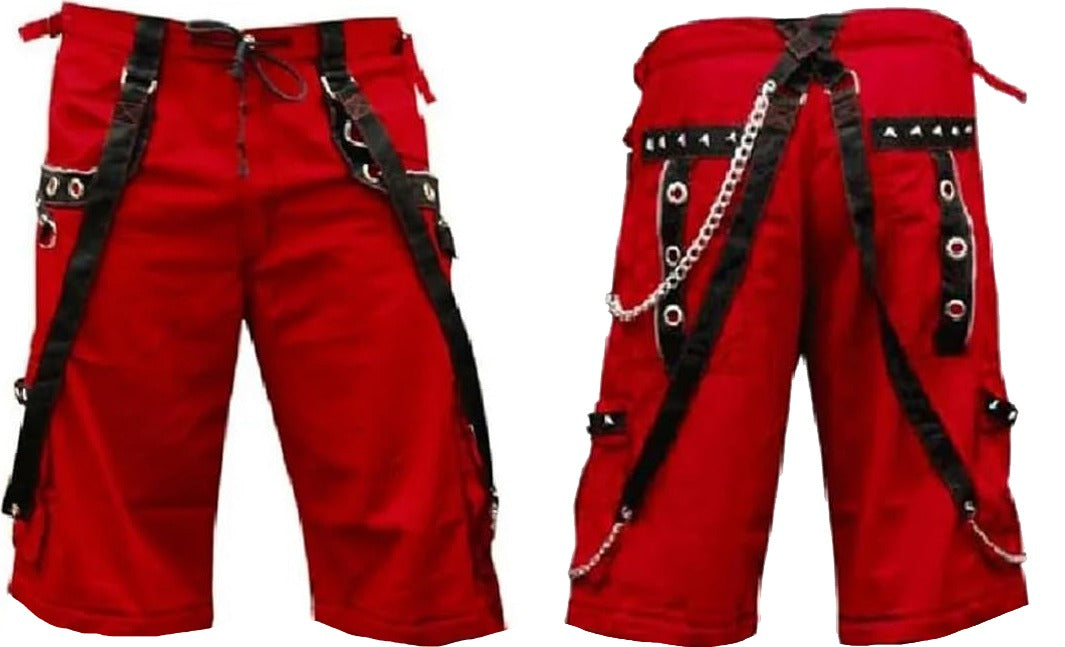 Gothic Men's Gothic Handmade Red Shorts Red Threads Black Straps Punk Rock Metal Chain Cyber/USA