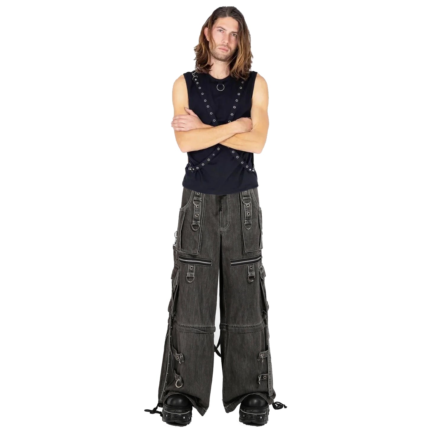 GOTHIC X-STRAP PANT BLACK DENIM