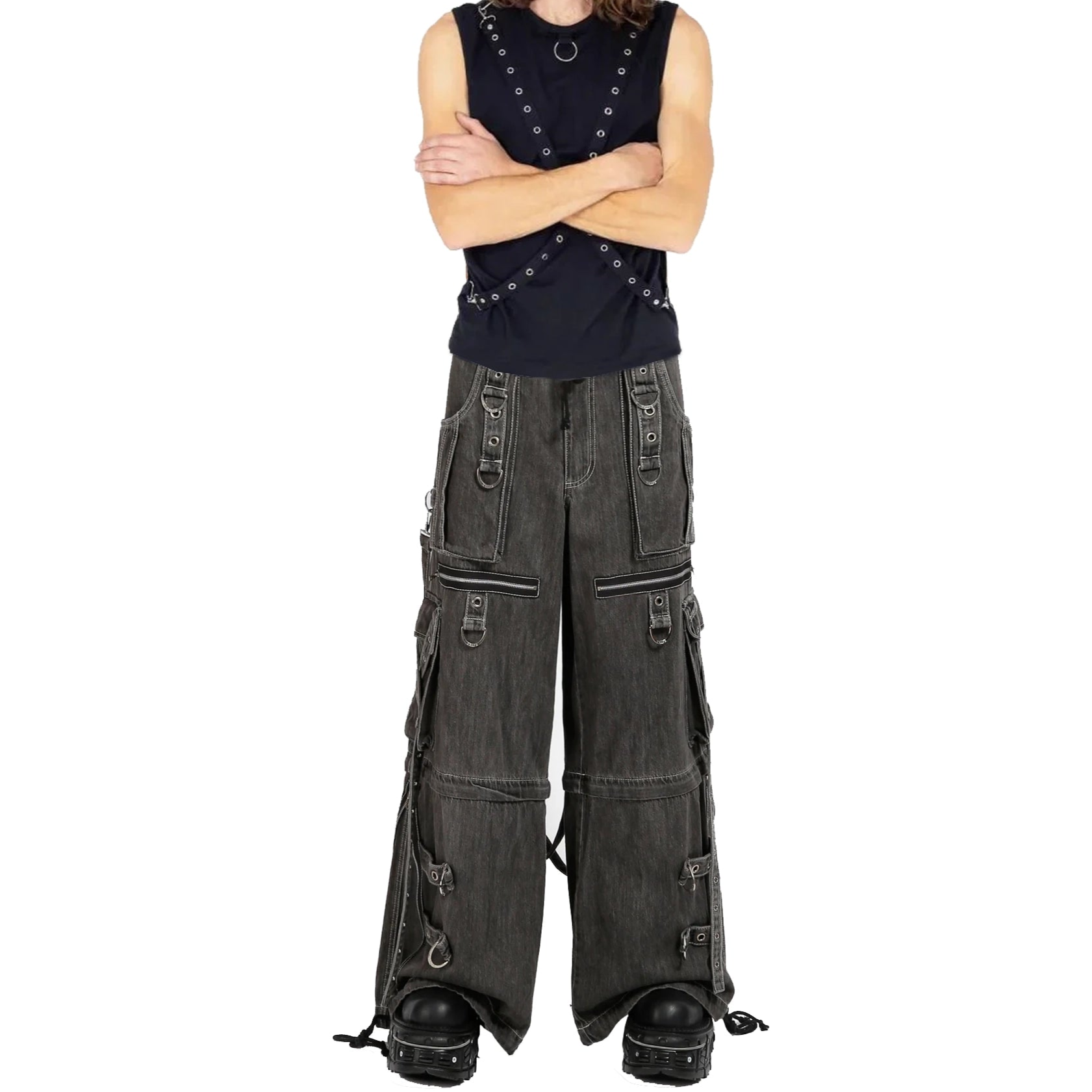 GOTHIC X-STRAP PANT BLACK DENIM