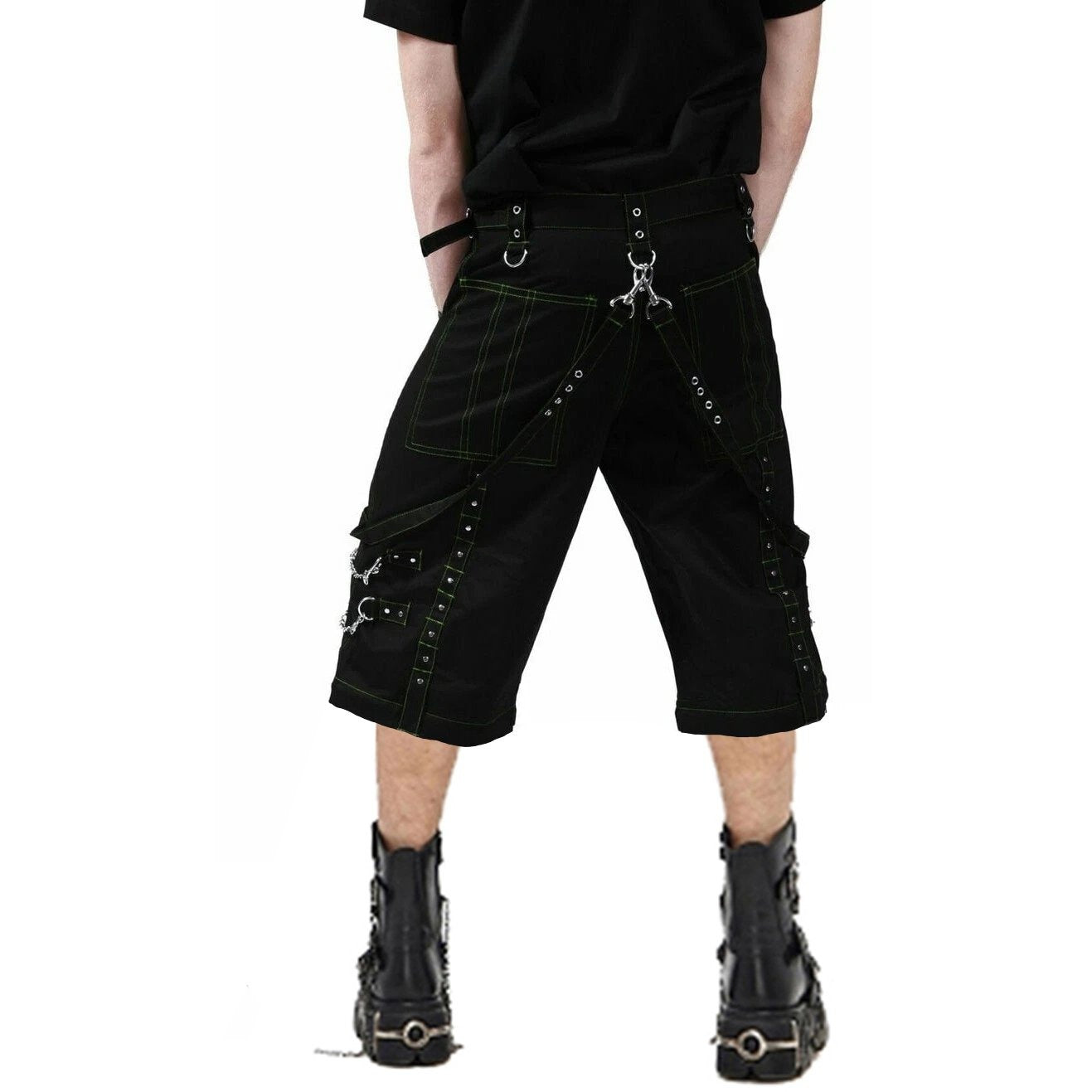 Gothic Men's Handmade Green Thread Rocker Bondage 4 Pocket Punk Rock Black Green Stitch Shorts