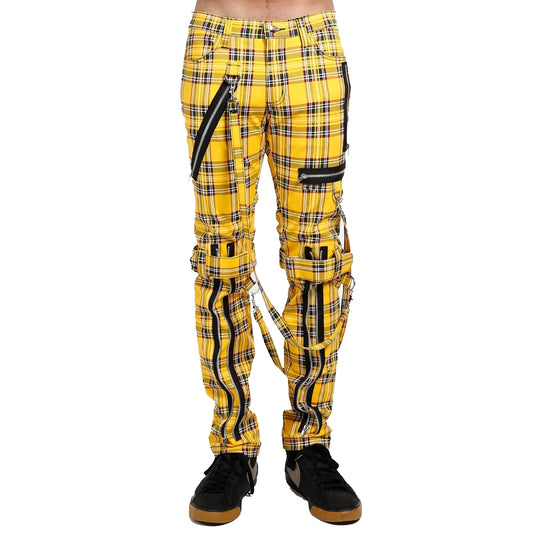 Men Bondage Straps Punk Yellow Plaid Jeans Pant Alternative Rebel Rock Emo Pant USA