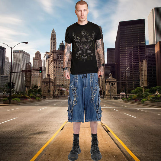 Extreme Bondage Light Blue Denim Shorts Skater Gothic Punk Rocker Cyber Biker Blue Dagger Shorts Handcuff