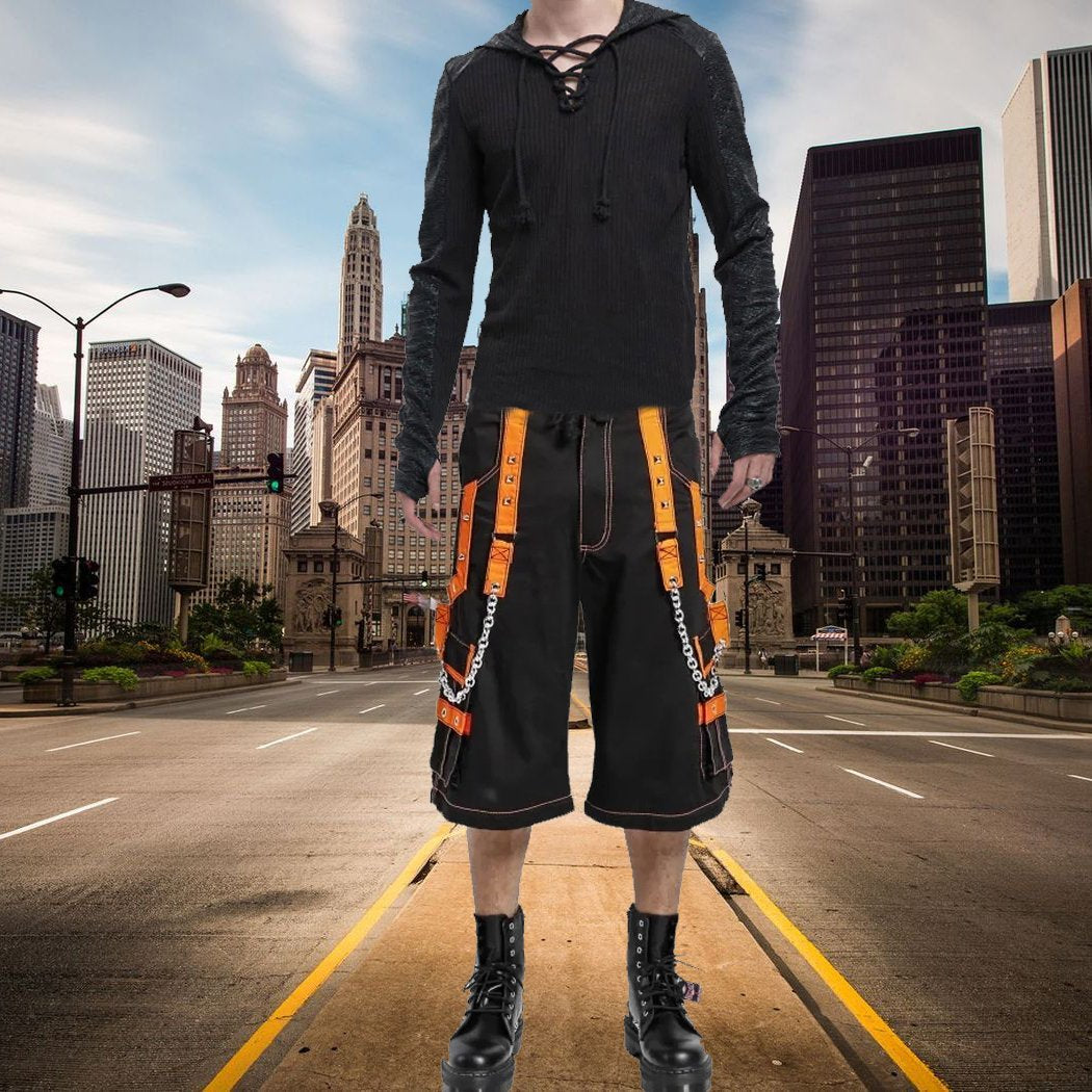 Men Extreme Bondage Skater Black/Orange Gothic Punk Rocker Cyber Goth Steam punk Biker Short