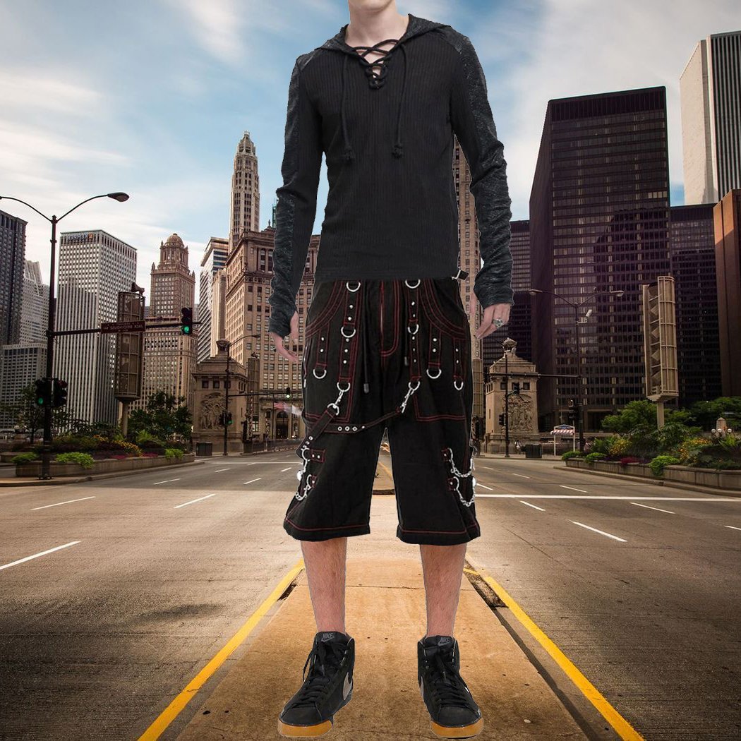 Men Gothic Handmade Bondage Cyber Red Thread Shorts Metal Studs /USA