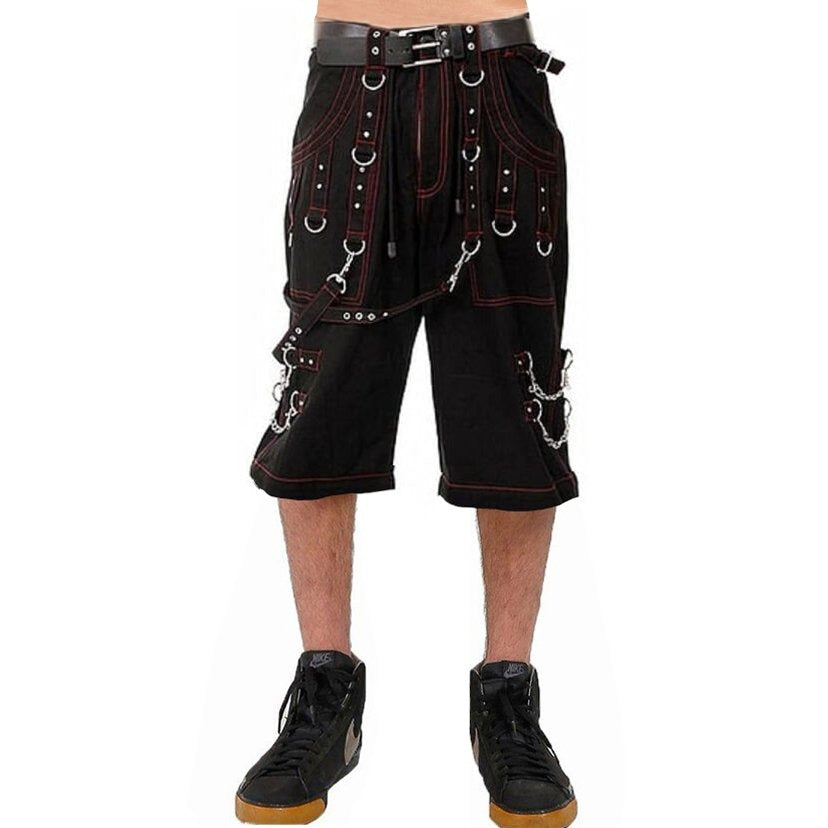 Men Gothic Handmade Bondage Cyber Red Thread Shorts Metal Studs /USA