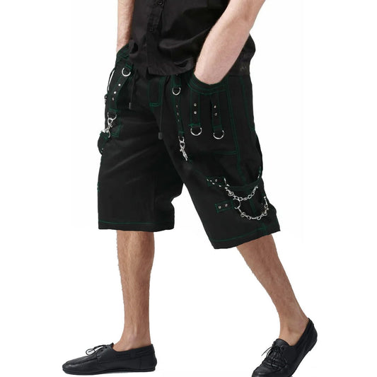Gothic Men's Handmade Green Thread Rocker Bondage 4 Pocket Punk Rock Black Green Stitch Shorts