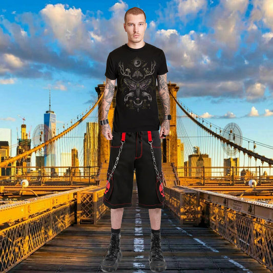 Gothic Bondage Red Skull Shorts Black Red Alternative Punk Rock Emo Shorts