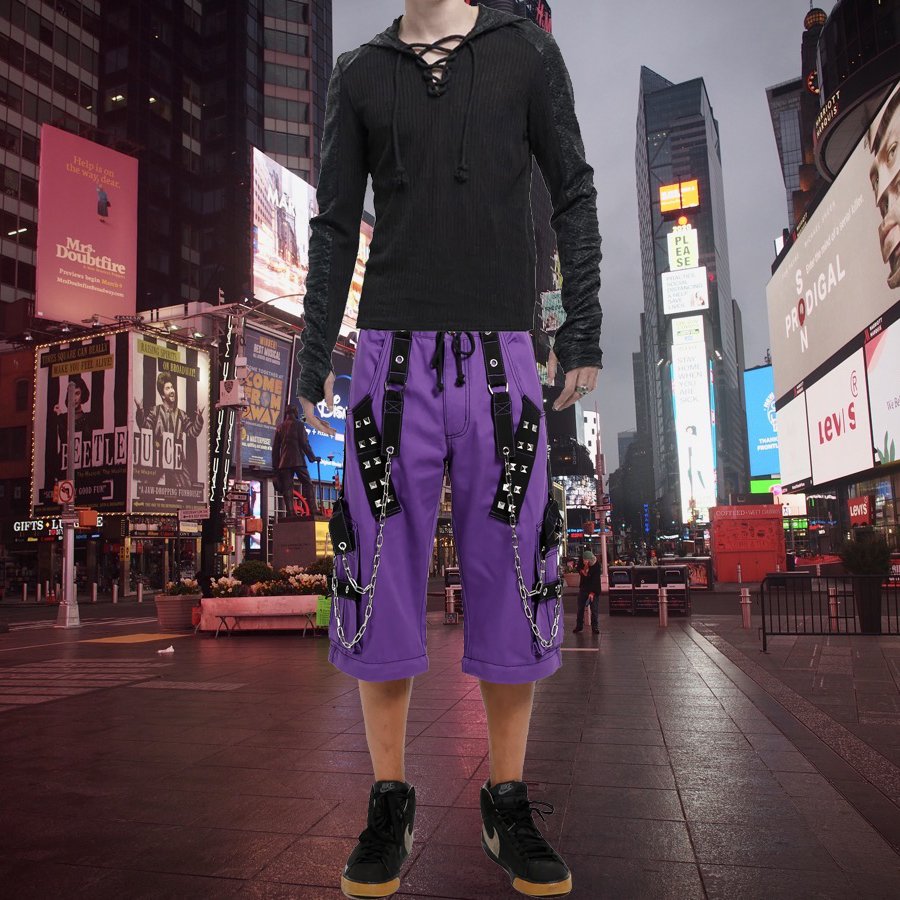 Gothic Bondage Handmade Men Short Alternative Punk Rock Transformer Trouser Purple Baggy