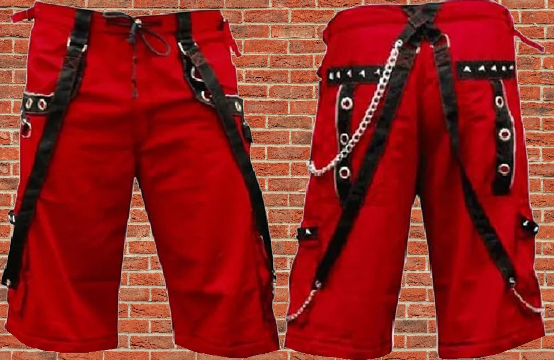 Gothic Men's Gothic Handmade Red Shorts Red Threads Black Straps Punk Rock Metal Chain Cyber/USA