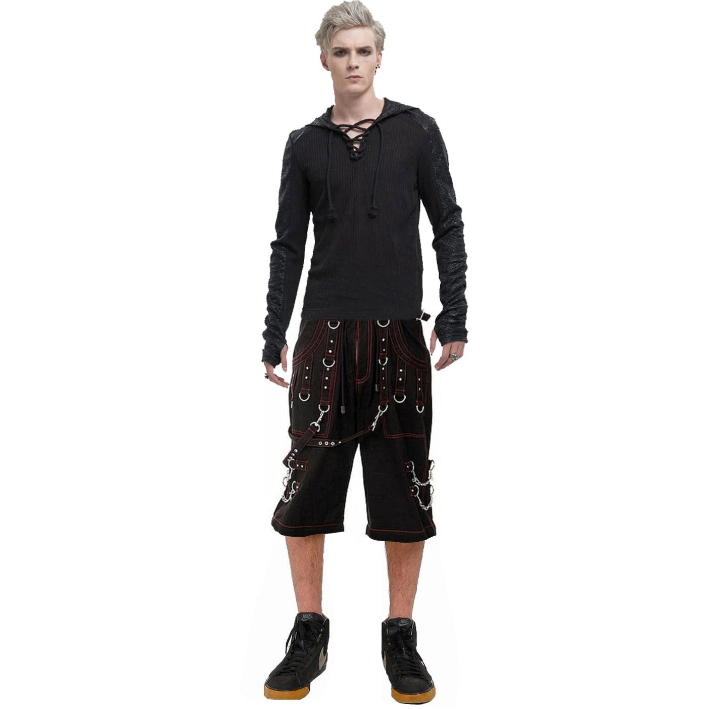 Men Gothic Handmade Bondage Cyber Red Thread Shorts Metal Studs /USA