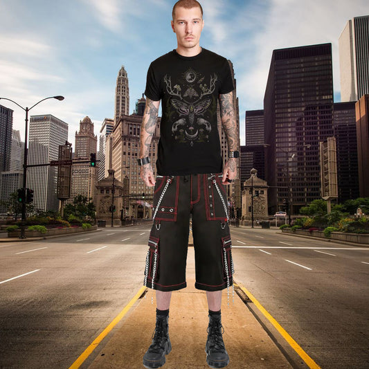 Men's Electro Bondage Gothic Red Stitch Rave Gothic Cyber Chain Gothic Punk Rock Shorts