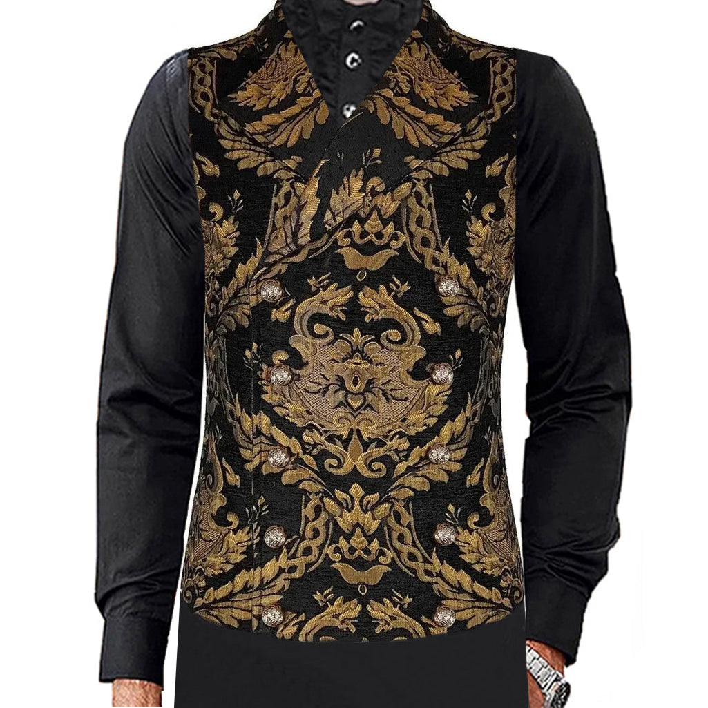 Prime Quality Men's Handmade Gold Black Victorian Cavalier Waistcoat Vest