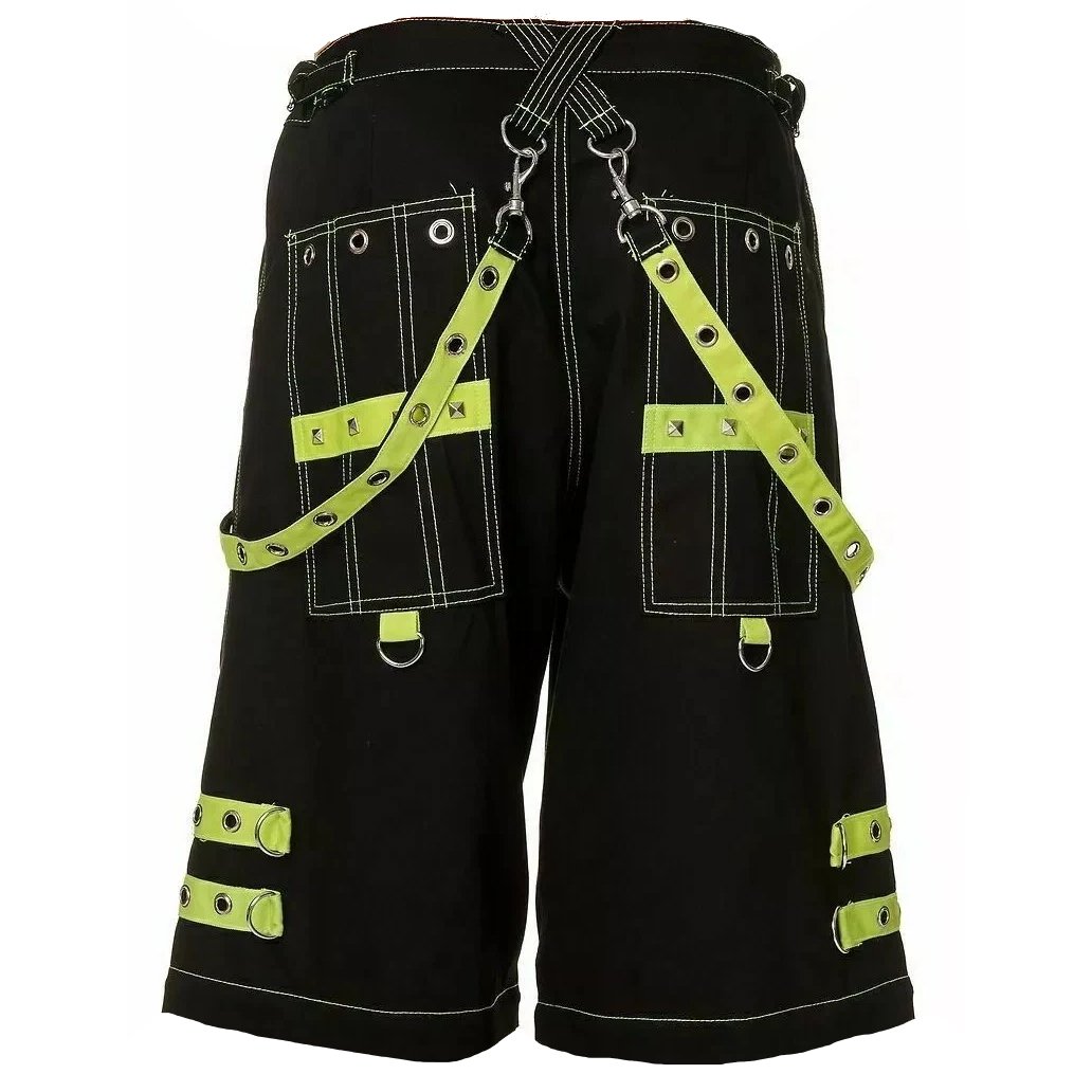 Gothic Men's Handmade Bondage 4 Pocket Shorts Punk Rock Black Yellow Gothic Yellow Stitch