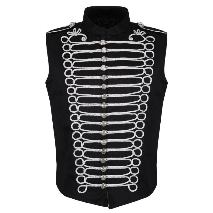 Men's Military Hussar Sleeveless Black Vest Black & Silver Jacket Usa