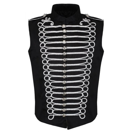 Men's Military Hussar Sleeveless Black Vest Black & Silver Jacket Usa