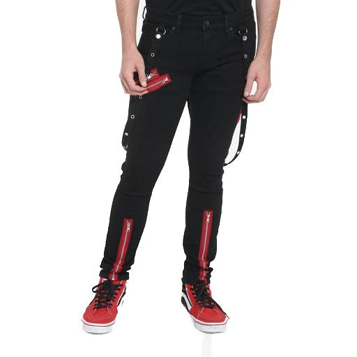 Men's Denim Red Zipper Stinger Jeans With Grommet Suspenders