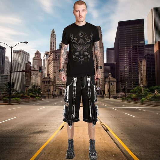 Mens Gothic Punk Black White Bondage Trip Chain Techno Rock Punk Shorts Usa
