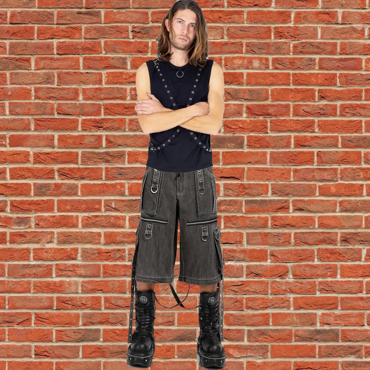 GOTHIC X-STRAP PANT BLACK DENIM