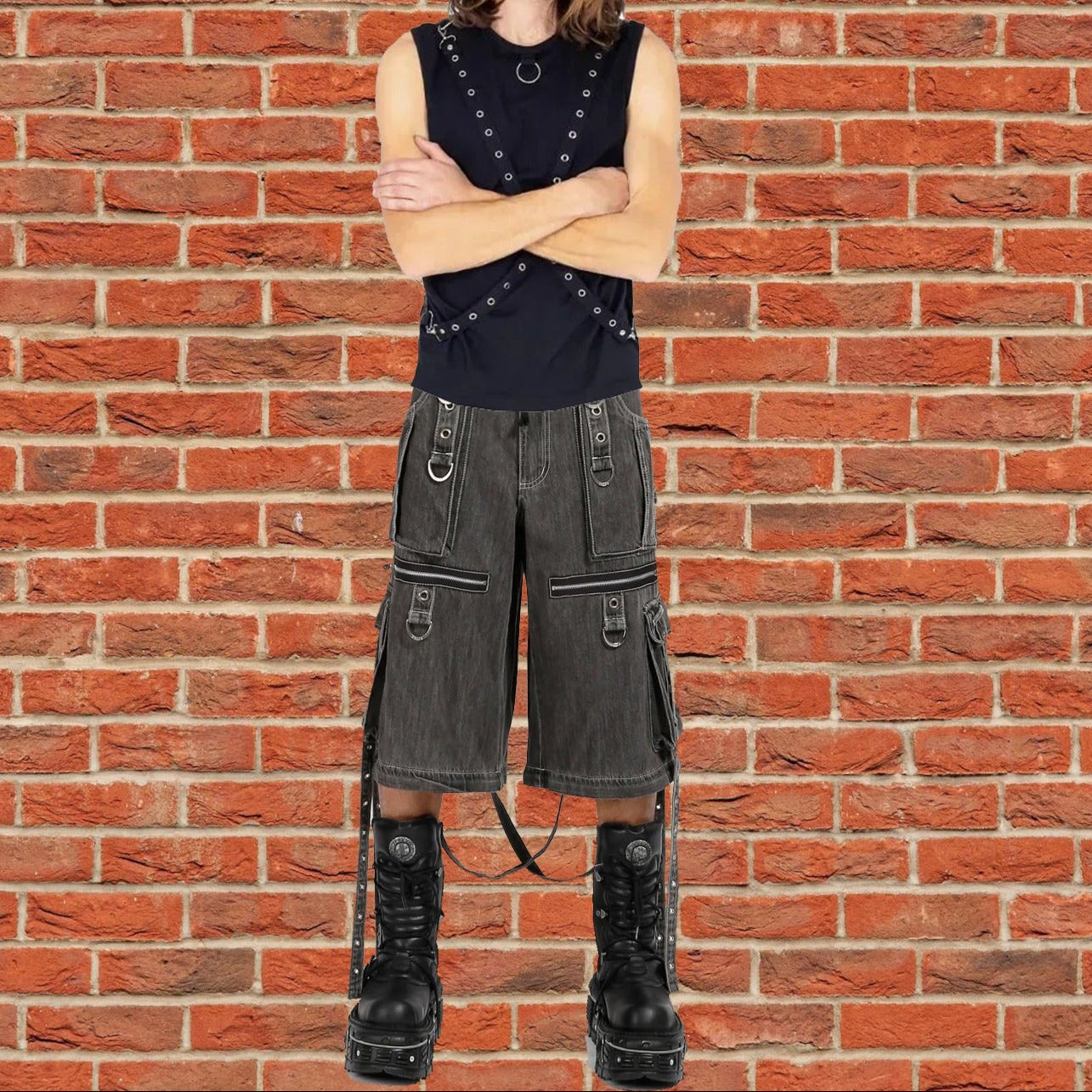 GOTHIC X-STRAP PANT BLACK DENIM