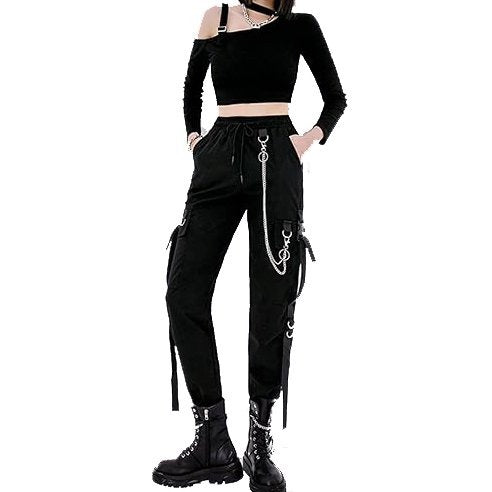 Women's Black Cargo Pants for Techwear Women Loose Street Rock Style Casual Black Pants with Chain Gothic Pants