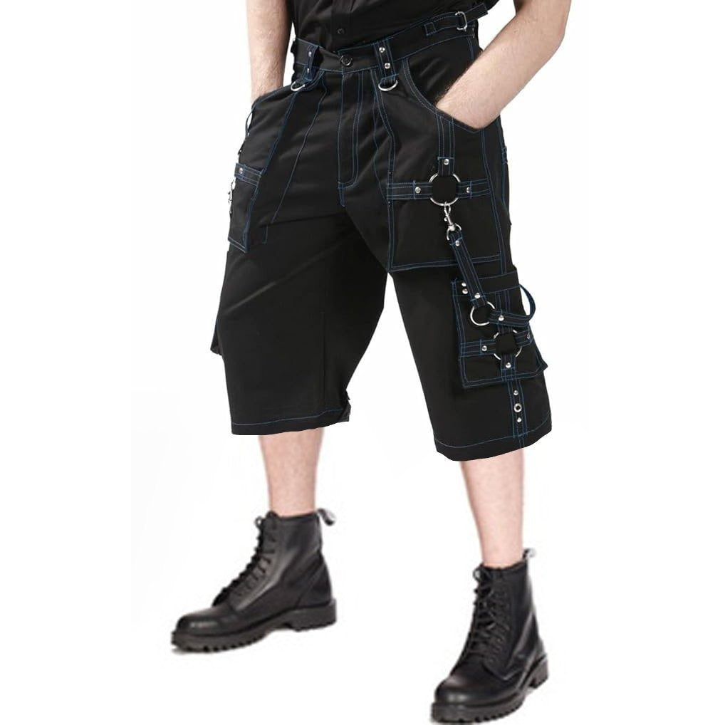 Prime Quality Gothic Mens Handmade Bondage 4 Pocket Shorts Punk Rock Black Blue Stitch