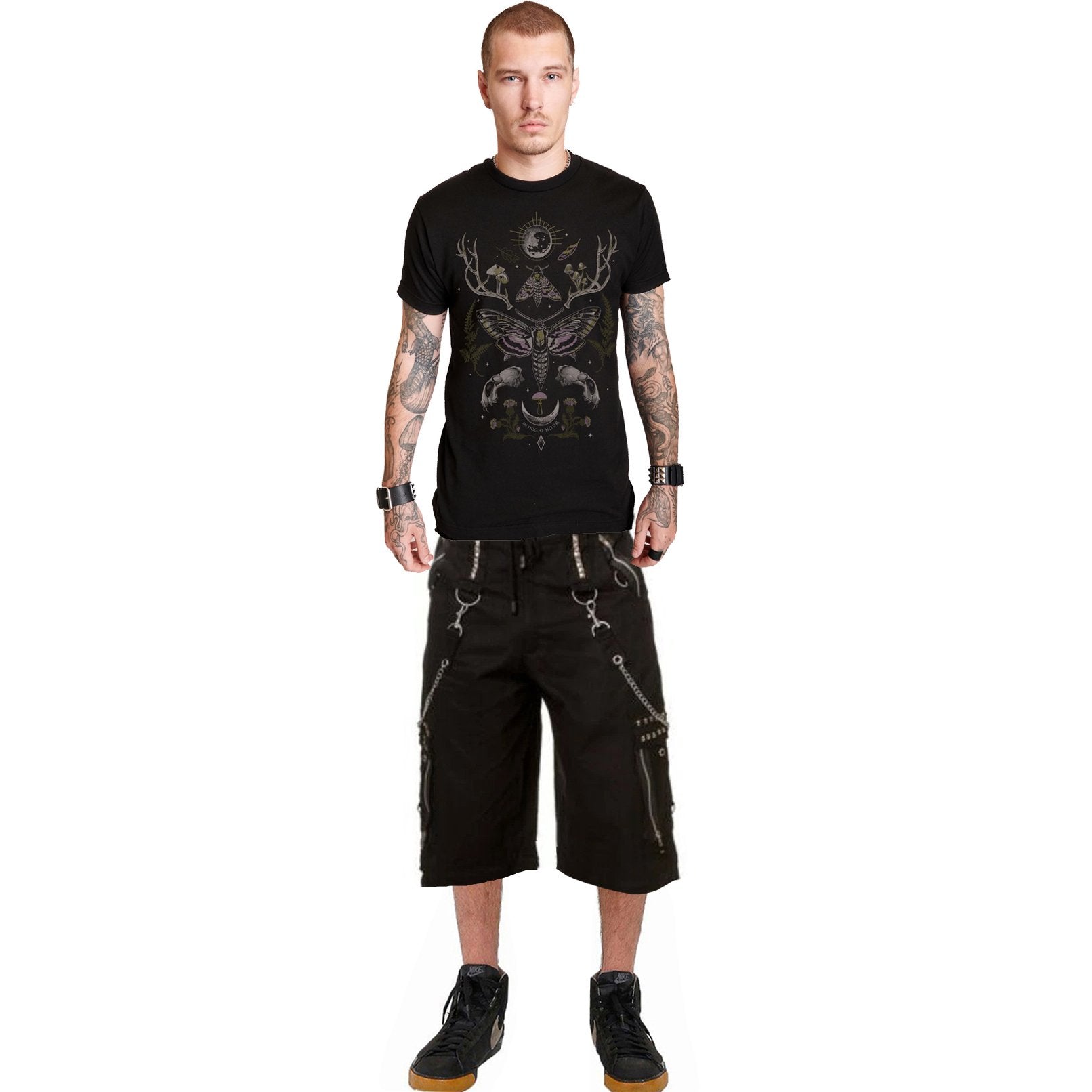 Gothic Mens Black Chrome Trousers Punk Rock Studs Metal Chain Shorts