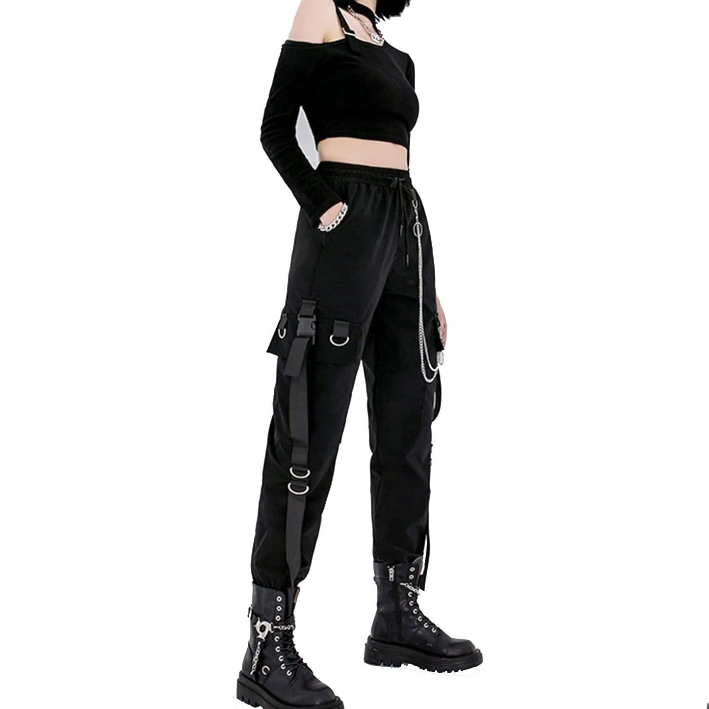 Women's Black Cargo Pants for Techwear Women Loose Street Rock Style Casual Black Pants with Chain Gothic Pants