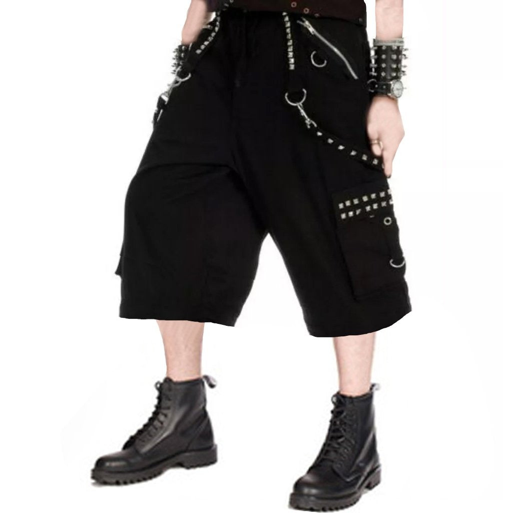 Gothic Mens Black Chrome Trousers Punk Rock Studs Metal Chain Shorts