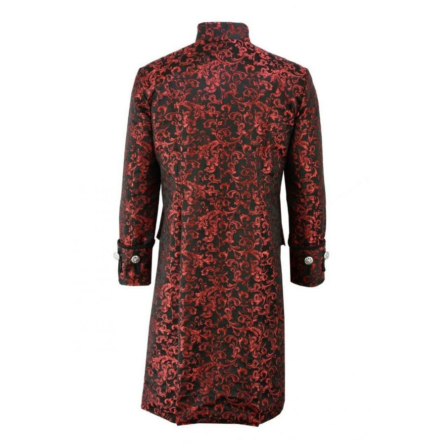 Renaissance Men's Red Brocade Goth Steampunk Victorian Velvet Frock Coat/USA