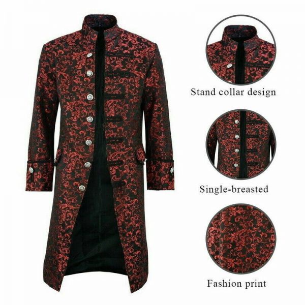 Renaissance Men's Red Brocade Goth Steampunk Victorian Velvet Frock Coat/USA